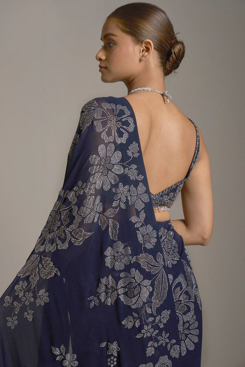Royal Blue Pre-draped Saree With Embroidered Belt – Estie Couture